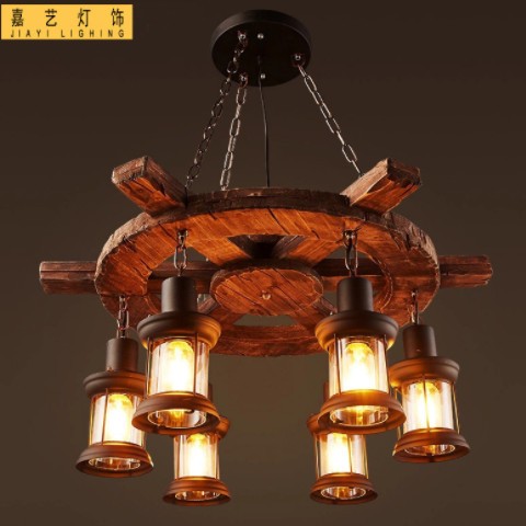跨境美式复古餐厅吊灯仿船木头灯具工业风创意火锅店酒吧loft灯具图1