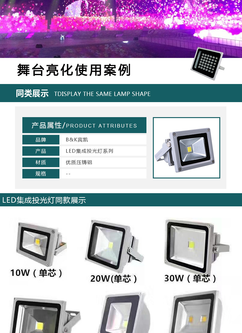 厂家批发户外照明防水 LED 50W大功率集成投光灯 LED集成投射灯示例图7