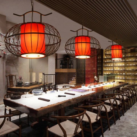 新中式餐厅火锅店灯笼吊灯饭店包厢铁艺鸟笼灯具简约中国风带射灯图3
