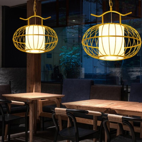 新中式餐厅火锅店灯笼吊灯饭店包厢铁艺鸟笼灯具简约中国风带射灯图1