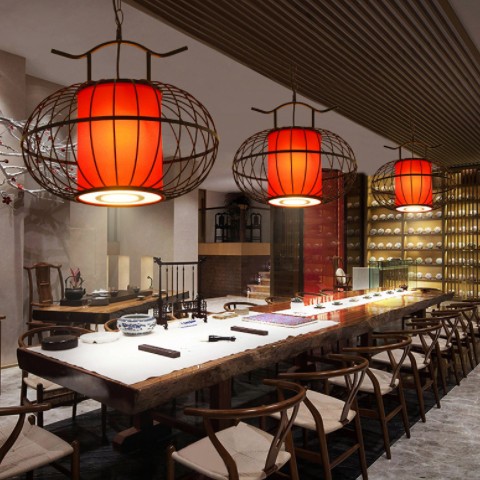 新中式餐厅火锅店灯笼吊灯饭店包厢铁艺鸟笼灯具简约中国风带射灯图2