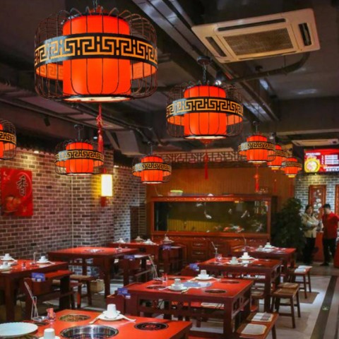 新中式餐厅火锅店吊灯饭店餐饮茶楼铁艺羊皮灯笼吊灯带射灯中国风图2