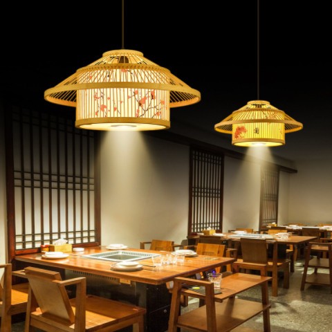火锅店包厢竹编灯笼吊灯带射灯中式饭店包间餐桌民宿竹艺帽形灯具图3