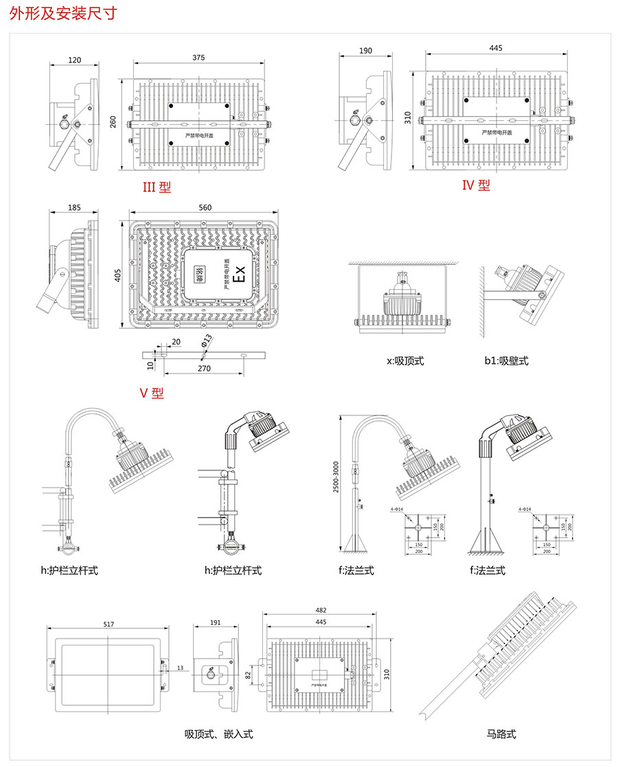 BZD188-02系列防爆免维护LED泛光灯外型及安装尺寸