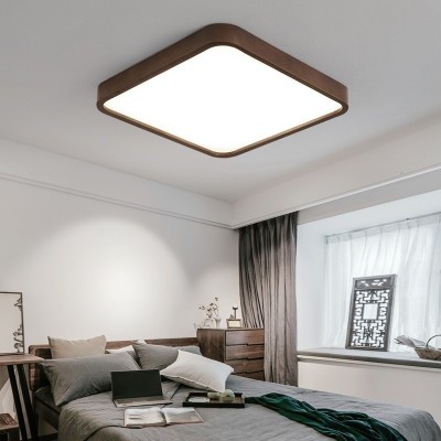 新中式吸顶灯客厅实木灯超薄胡桃木色现代简约中国风房间卧室灯具